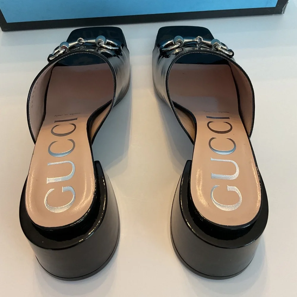 GUCCI Horsebit Accent Patent Leather Mules Slides 543188 - Picture 9 of 11